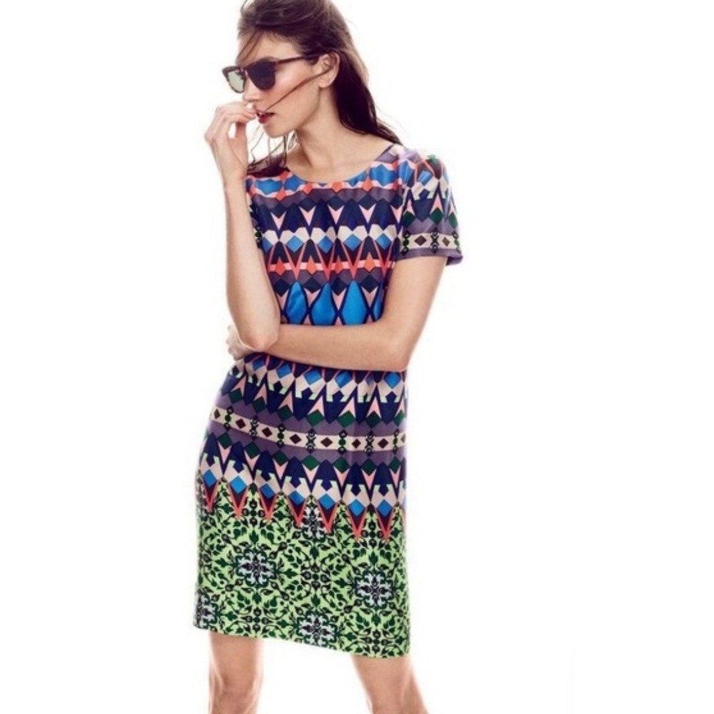 J. Crew Women's Multicolor Geometric Silk Short Sleeve‎ Shift Dress Lined Size 2